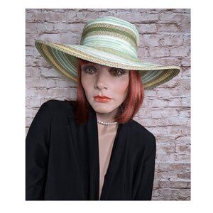 Scala Collezione Women's Beige & Green Striped Packable Wide Brim Sun Hat NWT